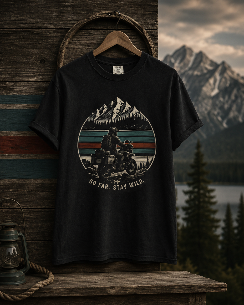 Go Far Stay Wild Motorcycle Adventure Shirt, Mountain Rider Graphic Tee, Outdoor Travel Gift for Bikers