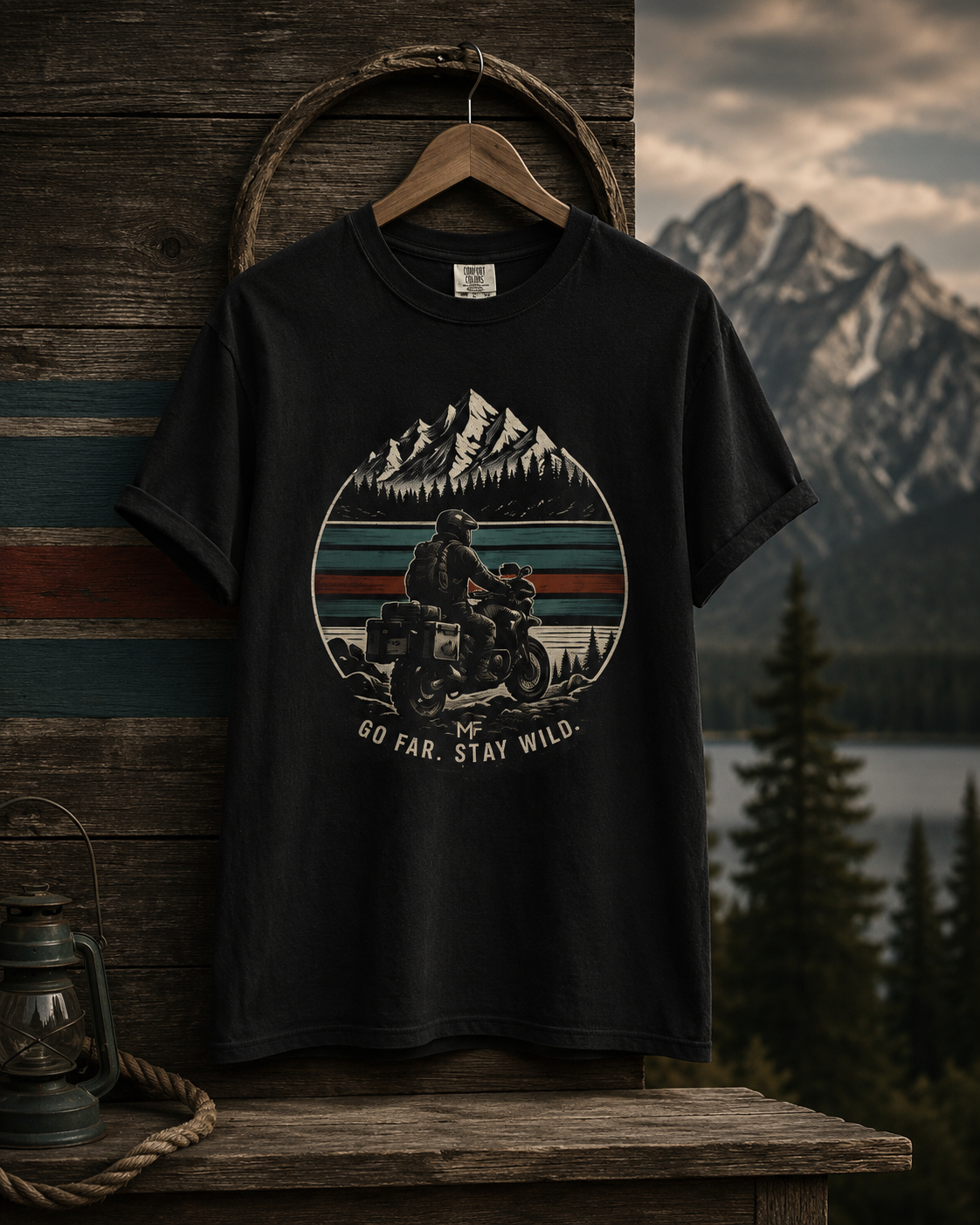 Go Far Stay Wild Motorcycle Adventure Shirt, Mountain Rider Graphic Tee, Outdoor Travel Gift for Bikers