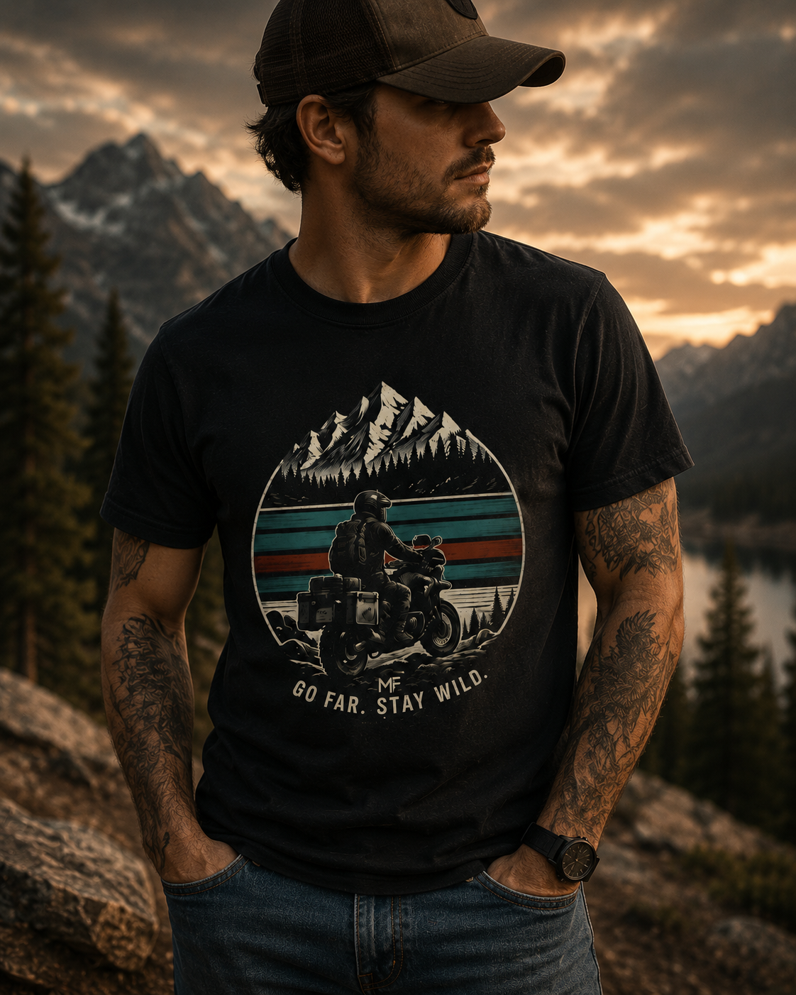 Go Far Stay Wild Motorcycle Adventure Shirt, Mountain Rider Graphic Tee, Outdoor Travel Gift for Bikers