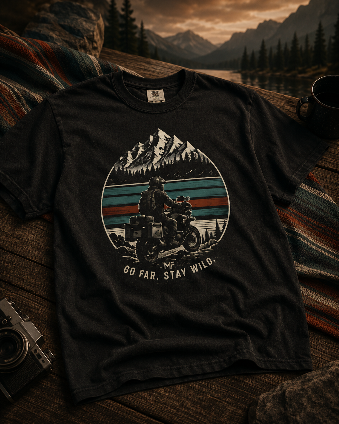 Go Far Stay Wild Motorcycle Adventure Shirt, Mountain Rider Graphic Tee, Outdoor Travel Gift for Bikers