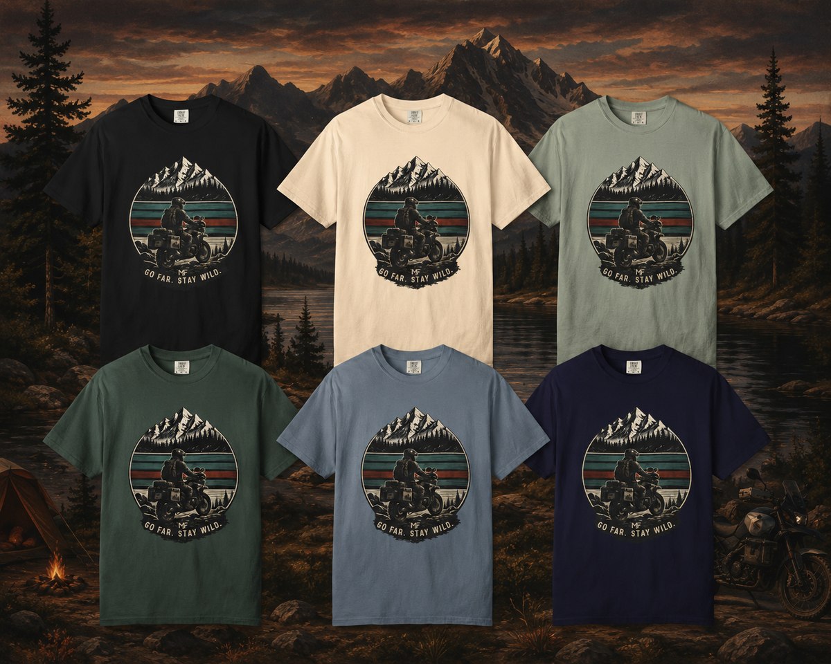 Go Far Stay Wild Motorcycle Adventure Shirt, Mountain Rider Graphic Tee, Outdoor Travel Gift for Bikers