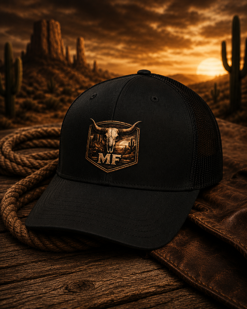 Héritage du désert | Casquette vintage style trucker western avec écusson crâne de taureau