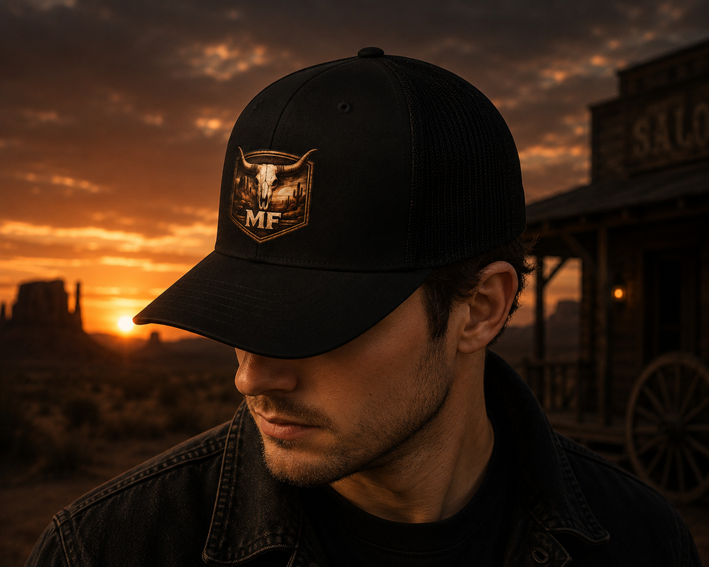 Héritage du désert | Casquette vintage style trucker western avec écusson crâne de taureau