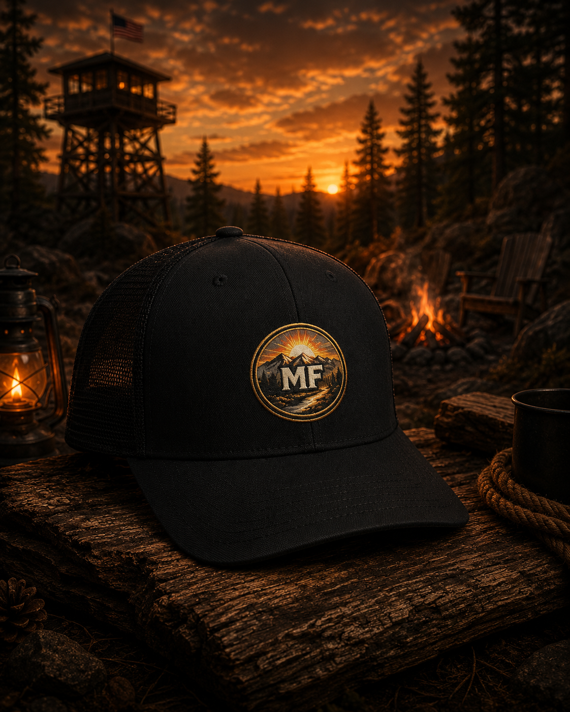 Fire Lookout Tower Trucker Hat, Camping Hat, Mountain Forest Cap, Outdoor Adventure Hat, Embroidered Hiking Cap