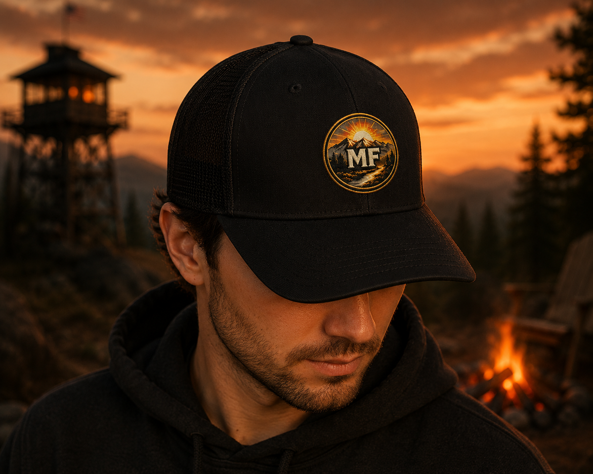 Fire Lookout Tower Trucker Hat, Camping Hat, Mountain Forest Cap, Outdoor Adventure Hat, Embroidered Hiking Cap