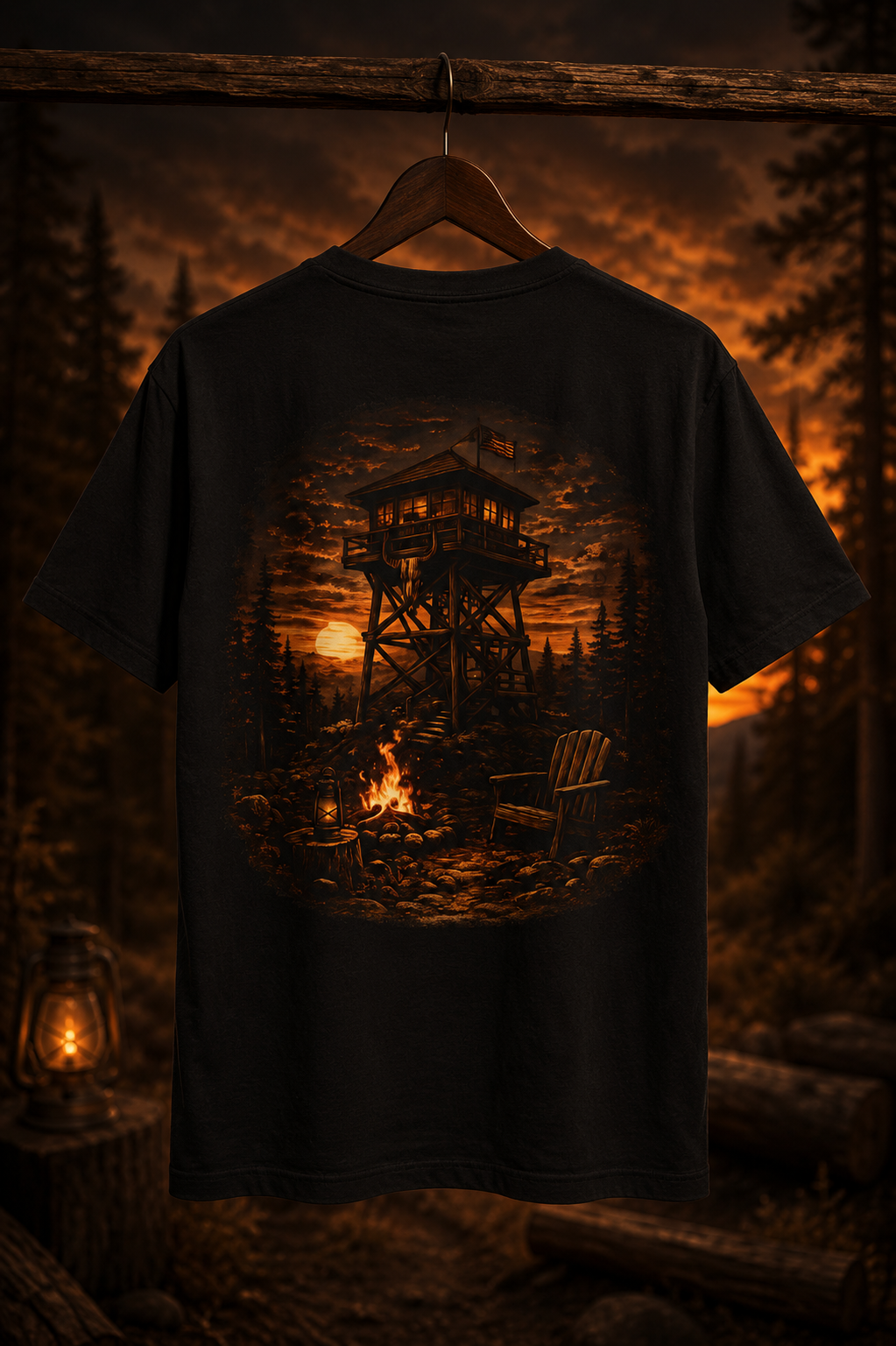 Fire Lookout Tower Shirt | Camping Graphic Tee | Forest Campfire Sunset Shirt