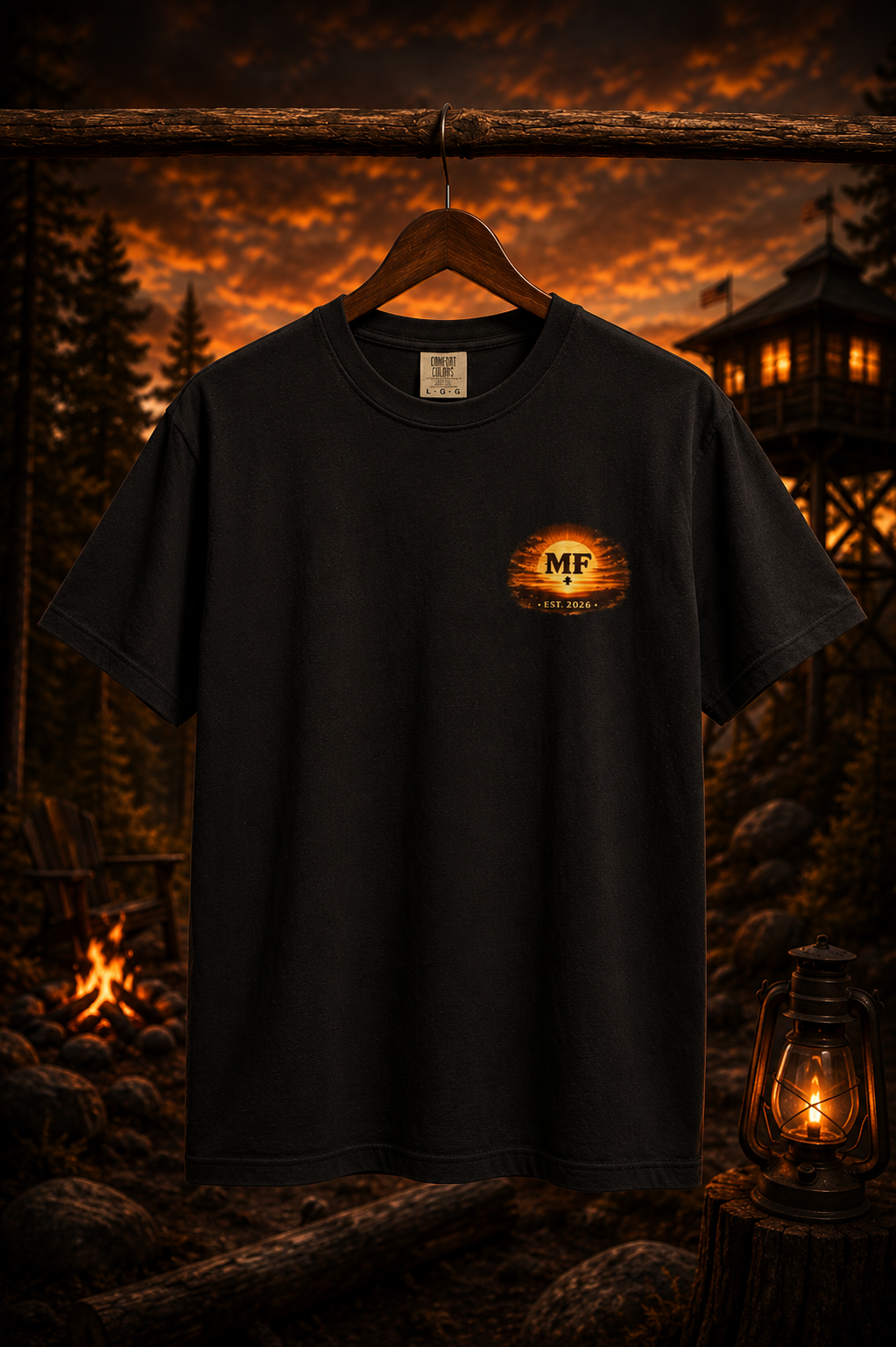 Fire Lookout Tower Shirt | Camping Graphic Tee | Forest Campfire Sunset Shirt