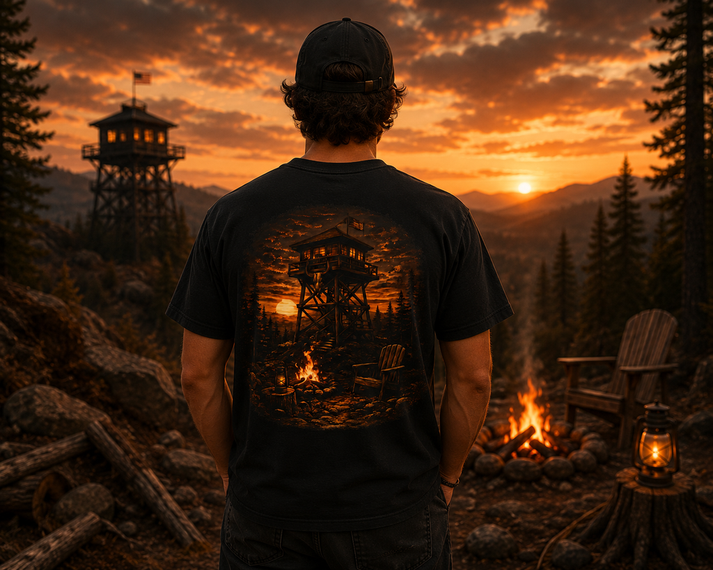 Fire Lookout Tower Shirt | Camping Graphic Tee | Forest Campfire Sunset Shirt