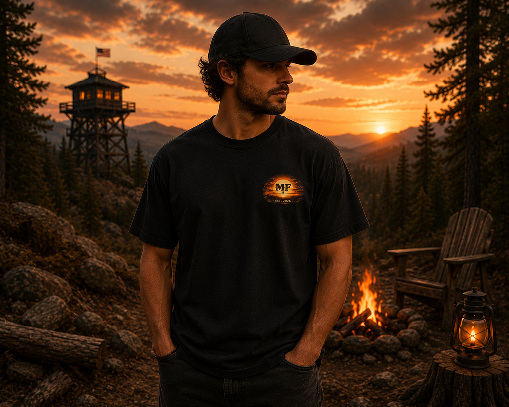 Fire Lookout Tower Shirt | Camping Graphic Tee | Forest Campfire Sunset Shirt