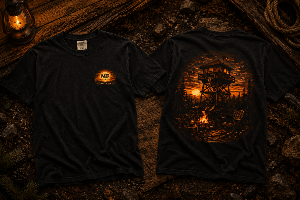 Fire Lookout Tower Shirt | Camping Graphic Tee | Forest Campfire Sunset Shirt