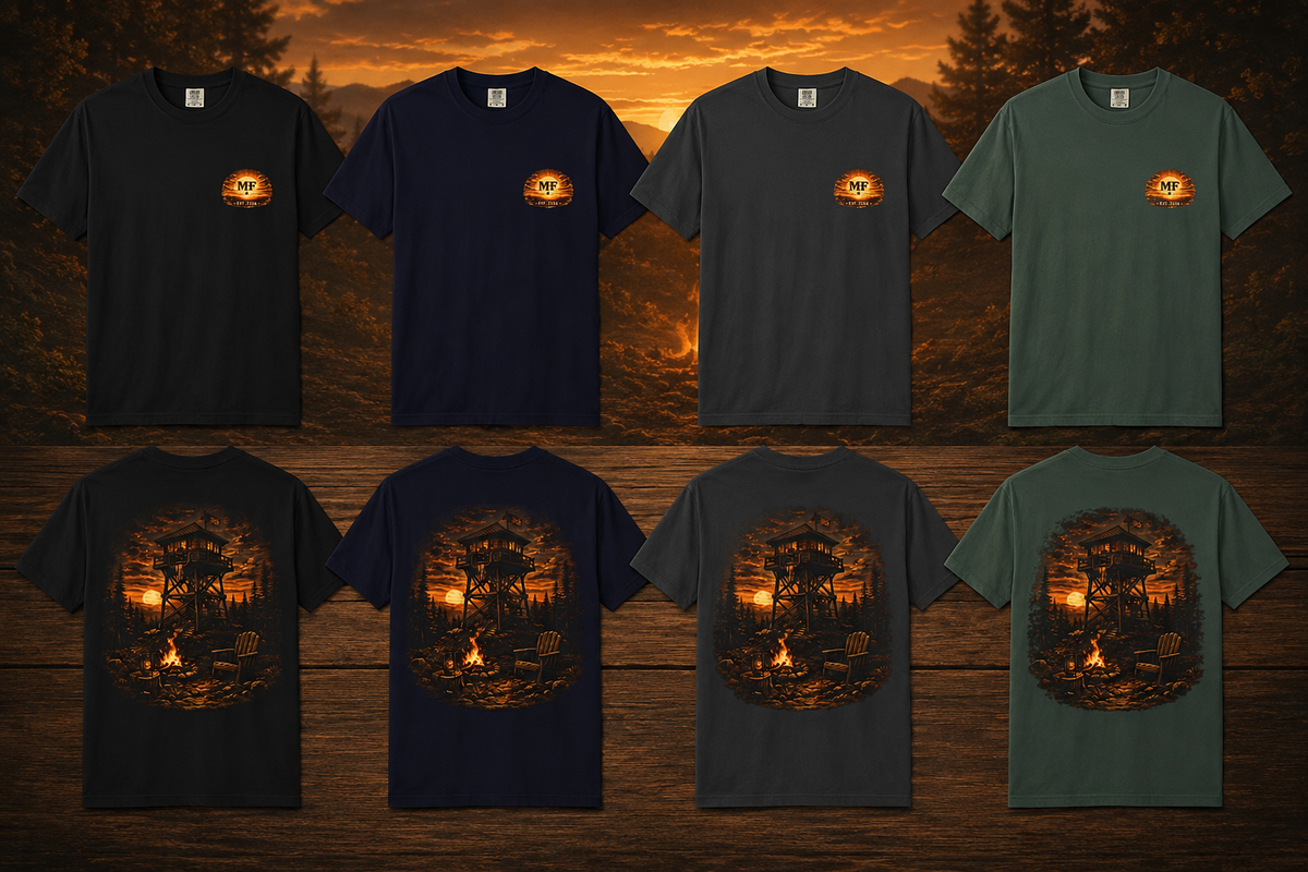 Fire Lookout Tower Shirt | Camping Graphic Tee | Forest Campfire Sunset Shirt
