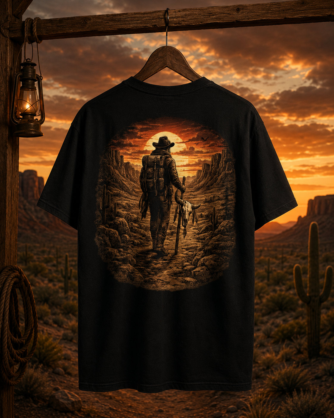 Western Sunset Explorer Shirt, Cowboy Back Print Tee, Desert Adventure Graphic T-Shirt