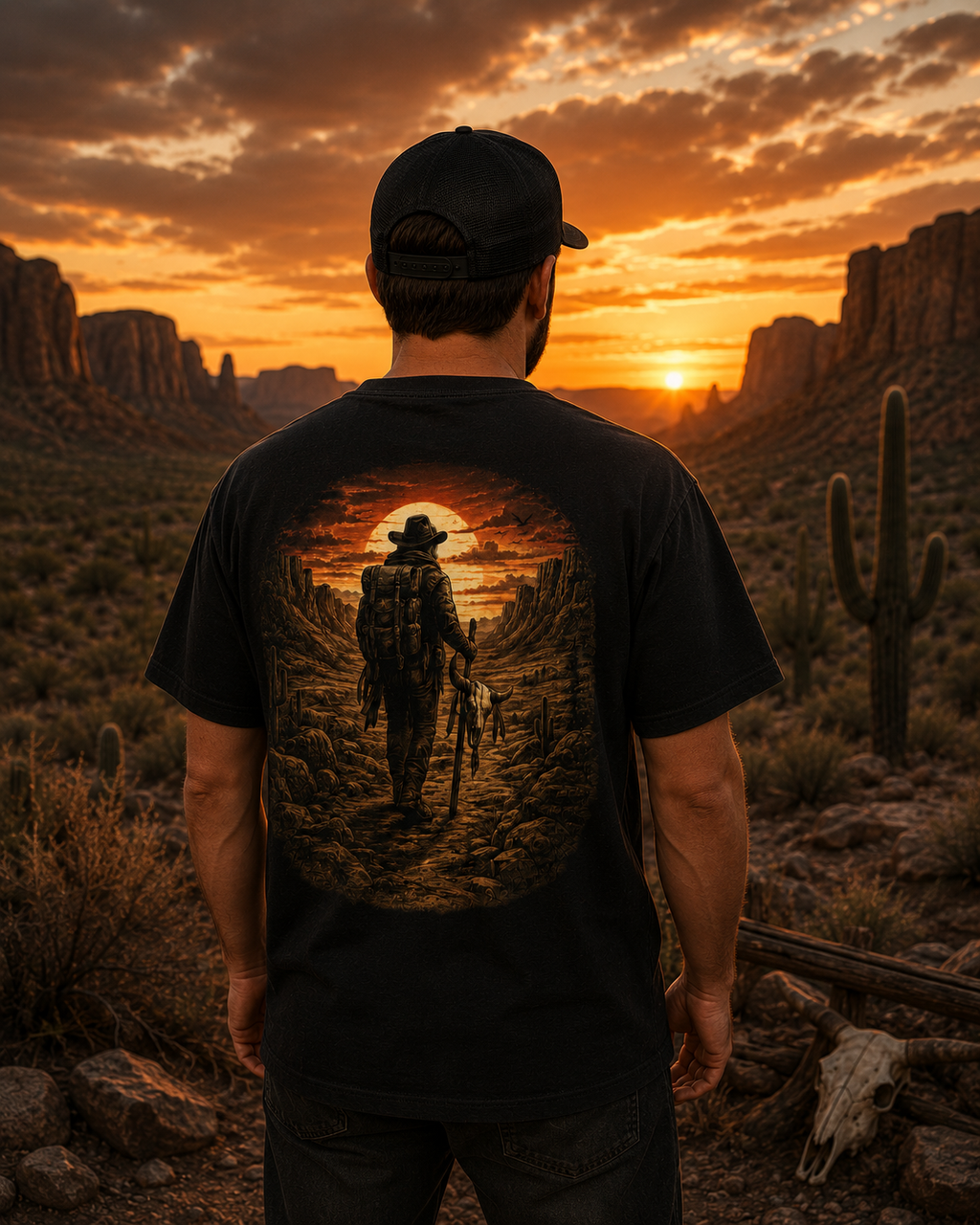 Western Sunset Explorer Shirt, Cowboy Back Print Tee, Desert Adventure Graphic T-Shirt