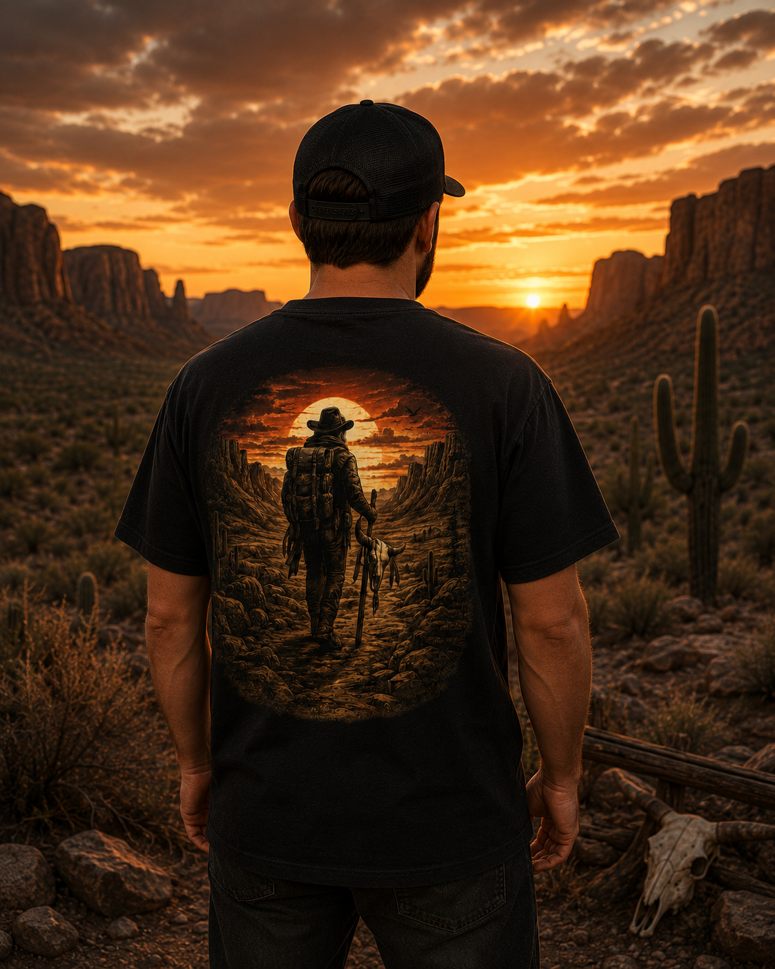 Western Sunset Explorer Shirt, Cowboy Back Print Tee, Desert Adventure Graphic T-Shirt