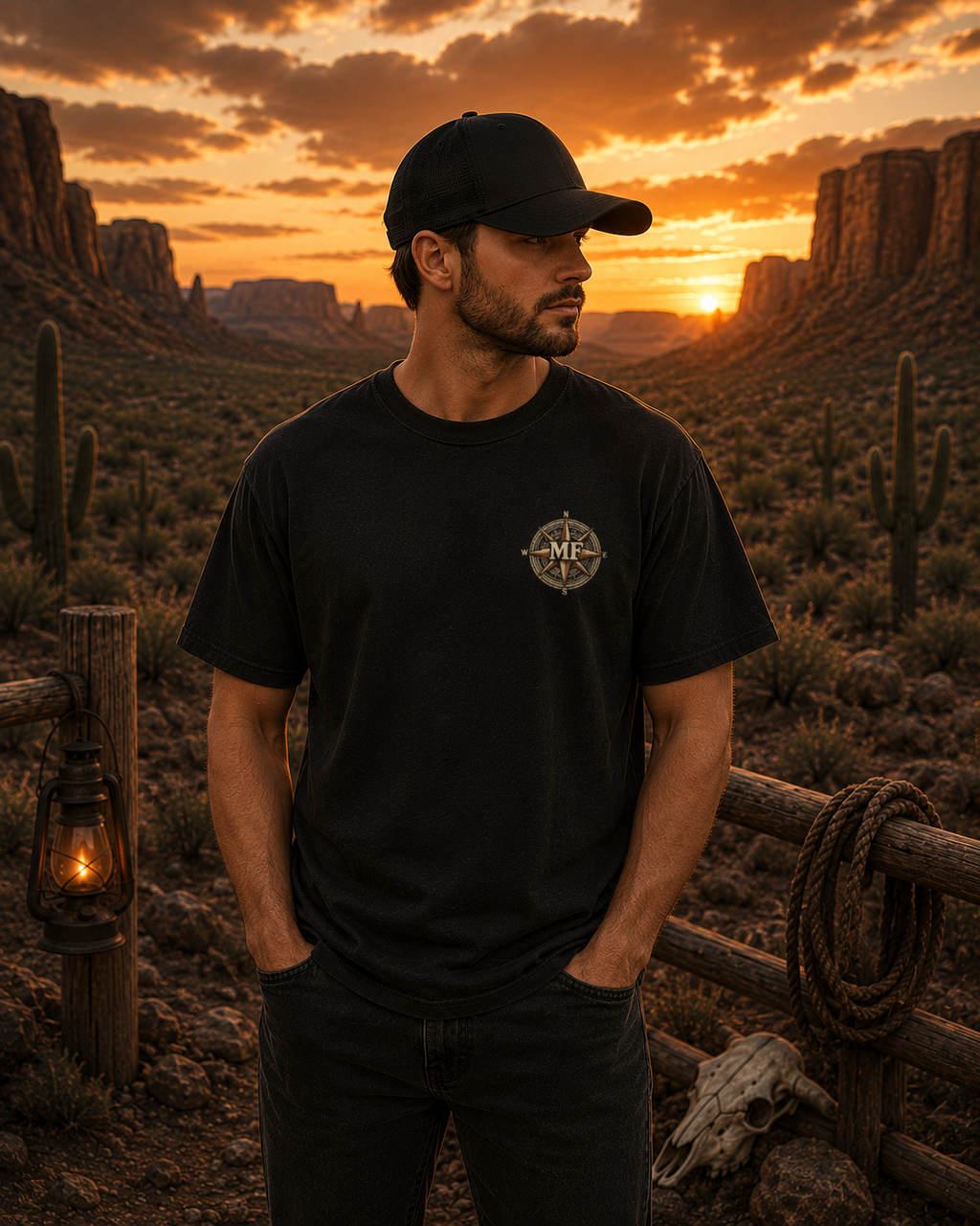 Western Sunset Explorer Shirt, Cowboy Back Print Tee, Desert Adventure Graphic T-Shirt