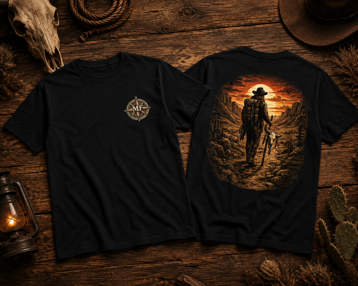 Western Sunset Explorer Shirt, Cowboy Back Print Tee, Desert Adventure Graphic T-Shirt