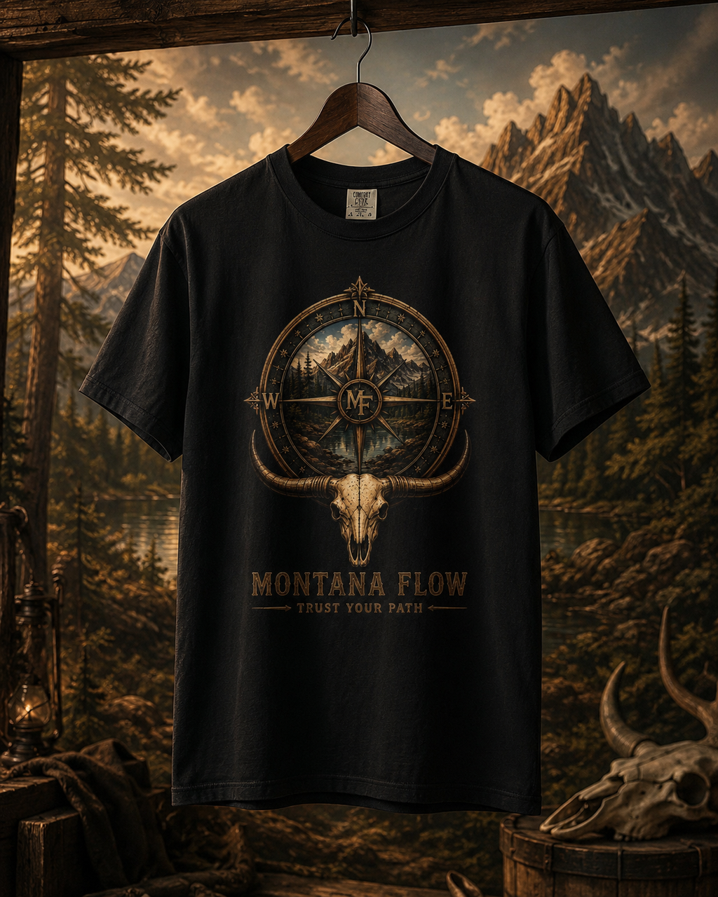 T-shirt boussole de montagne, haut pour l'aventure en plein air, t-shirt avec motif crâne de taureau, haut randonnée et nature, t-shirt Montana Flow