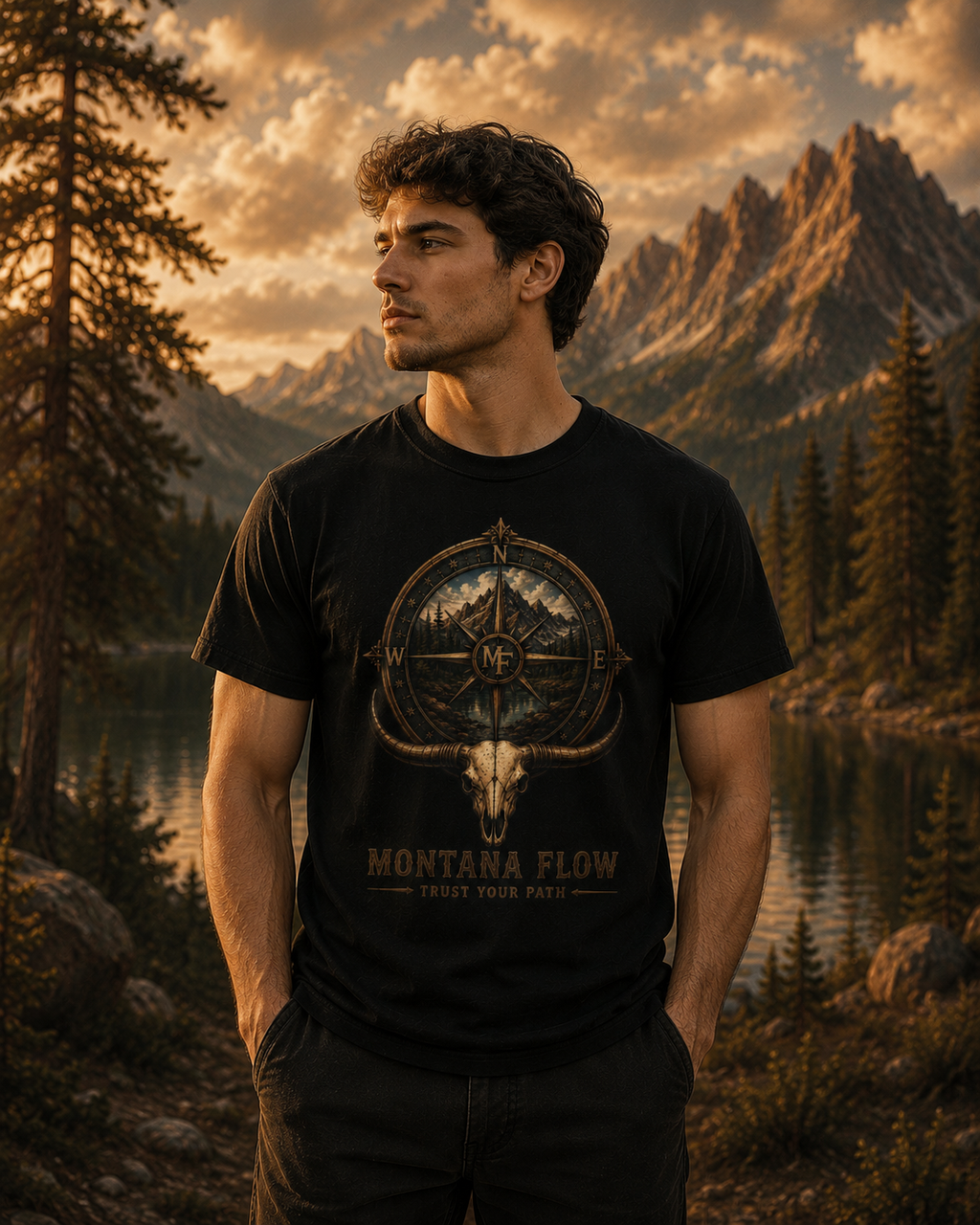 T-shirt boussole de montagne, haut pour l'aventure en plein air, t-shirt avec motif crâne de taureau, haut randonnée et nature, t-shirt Montana Flow