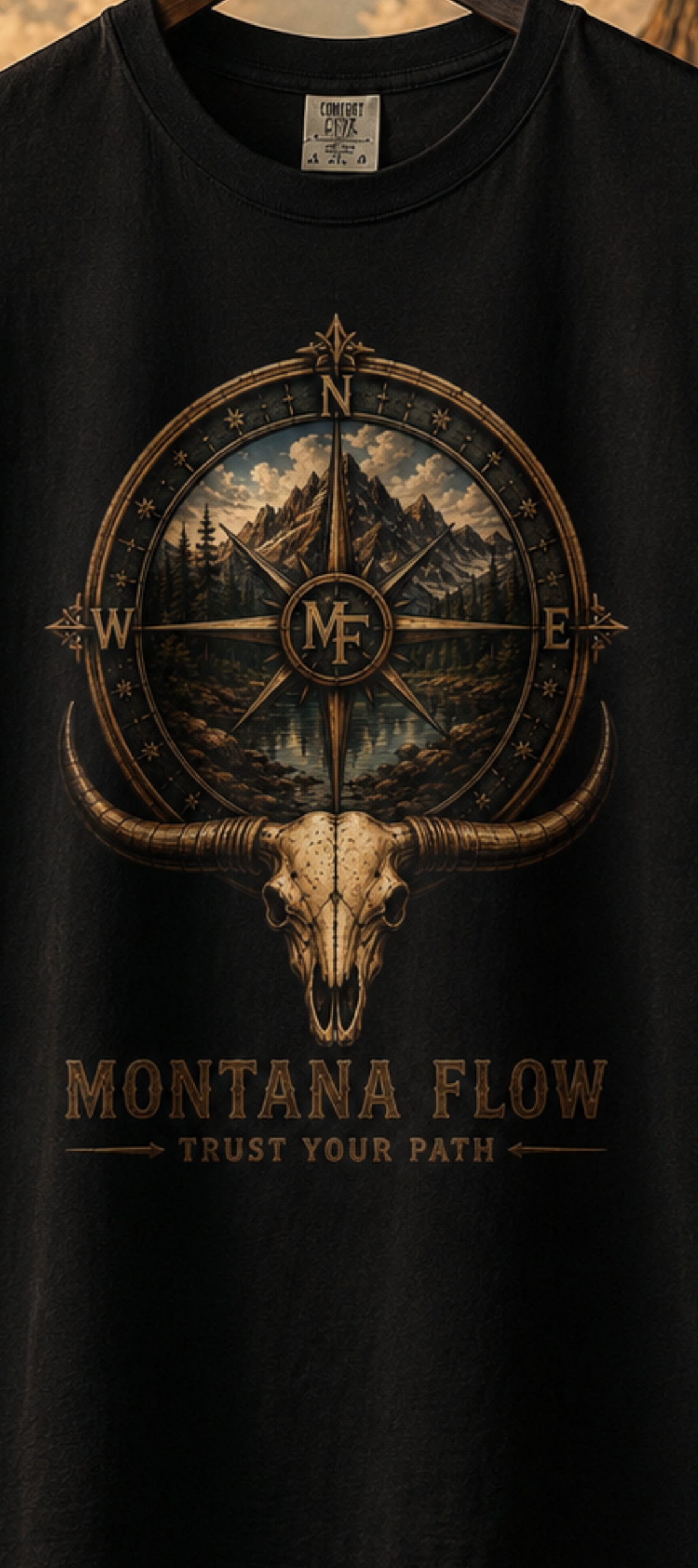 Mountain Compass T Shirt, Outdoor Adventure Tee, Bull Skull Graphic Shirt, Hiking Nature Shirt, Montana Flow Tee