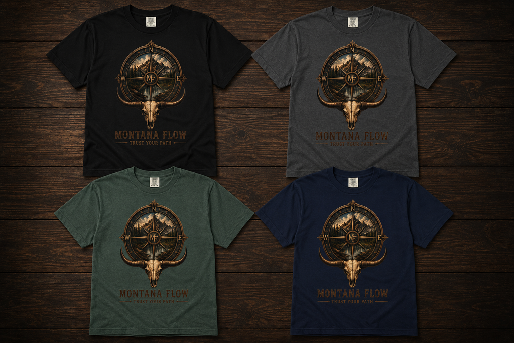T-shirt boussole de montagne, haut pour l'aventure en plein air, t-shirt avec motif crâne de taureau, haut randonnée et nature, t-shirt Montana Flow