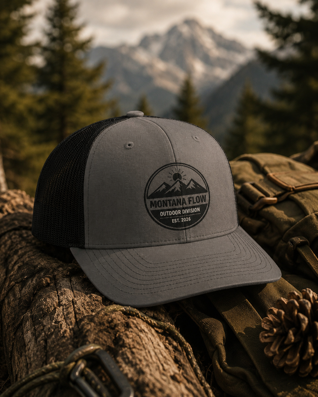 Casquette de camionneur Mountain, casquette d'aventure en plein air, casquette de camping, cadeau de randonnée, casquette Montana Flow Outdoor Division