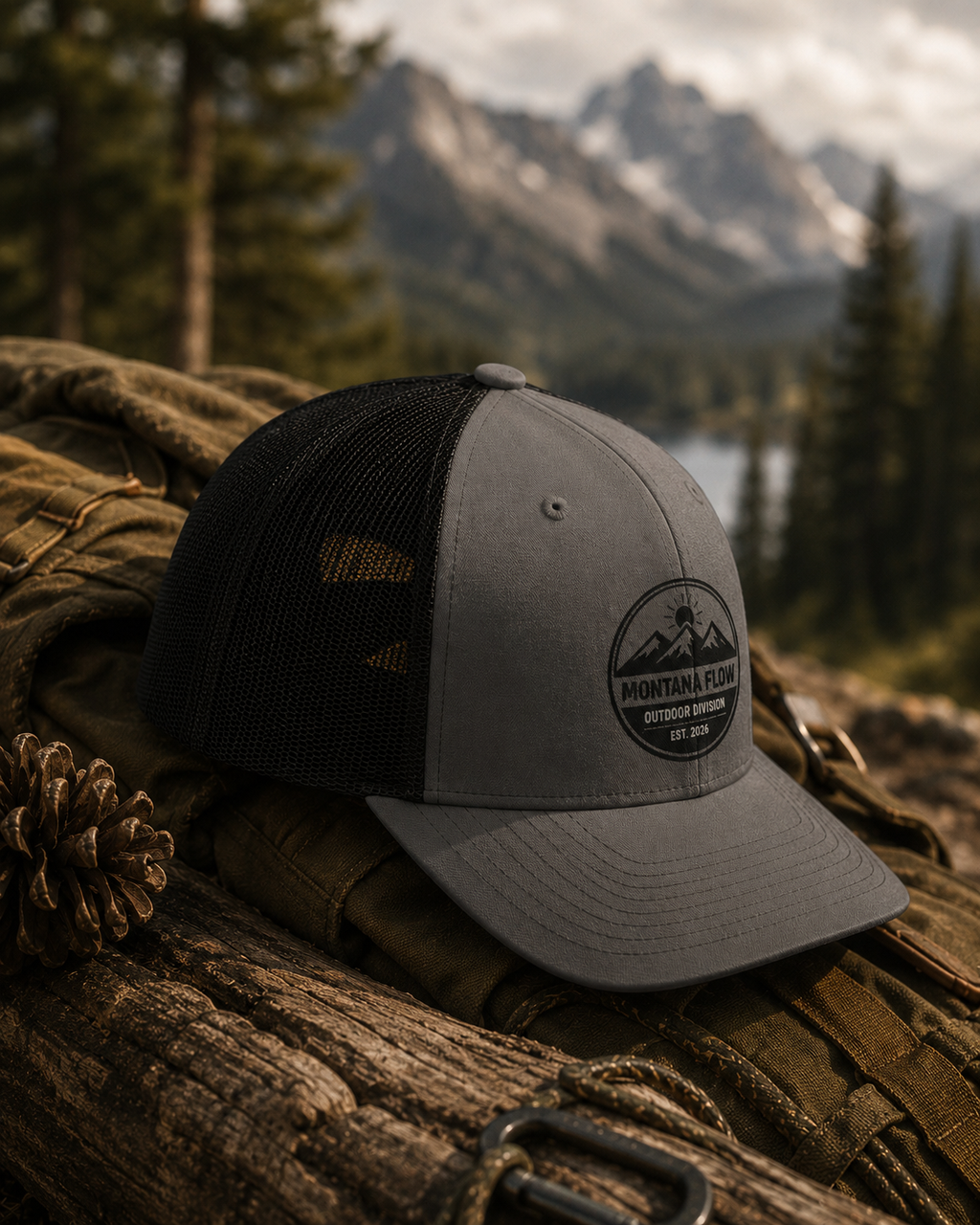 Casquette de camionneur Mountain, casquette d'aventure en plein air, casquette de camping, cadeau de randonnée, casquette Montana Flow Outdoor Division