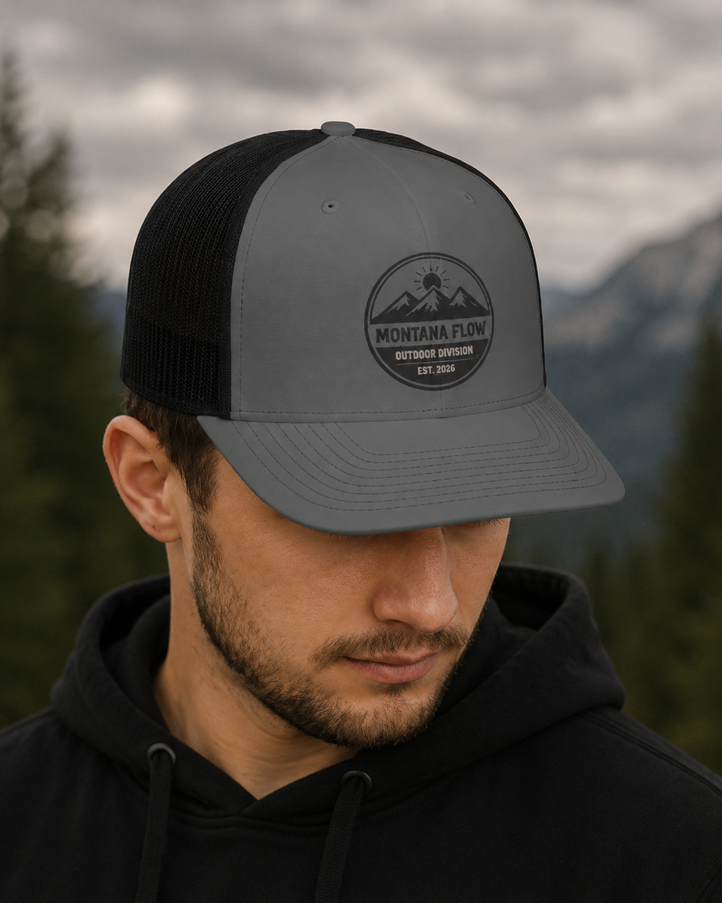 Casquette de camionneur Mountain, casquette d'aventure en plein air, casquette de camping, cadeau de randonnée, casquette Montana Flow Outdoor Division