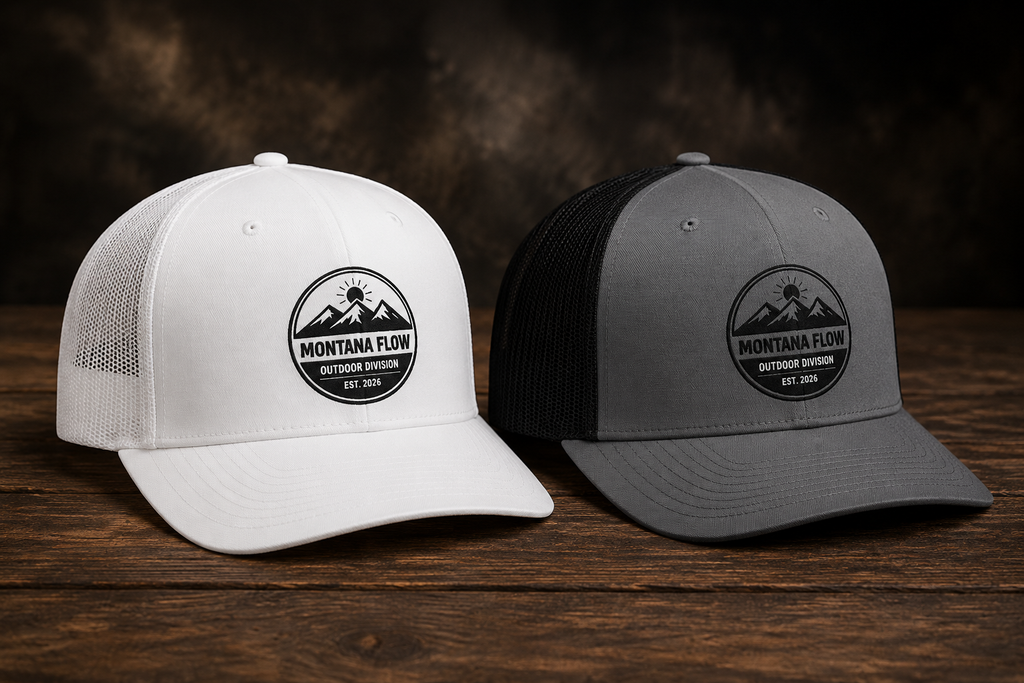 Casquette de camionneur Mountain, casquette d'aventure en plein air, casquette de camping, cadeau de randonnée, casquette Montana Flow Outdoor Division