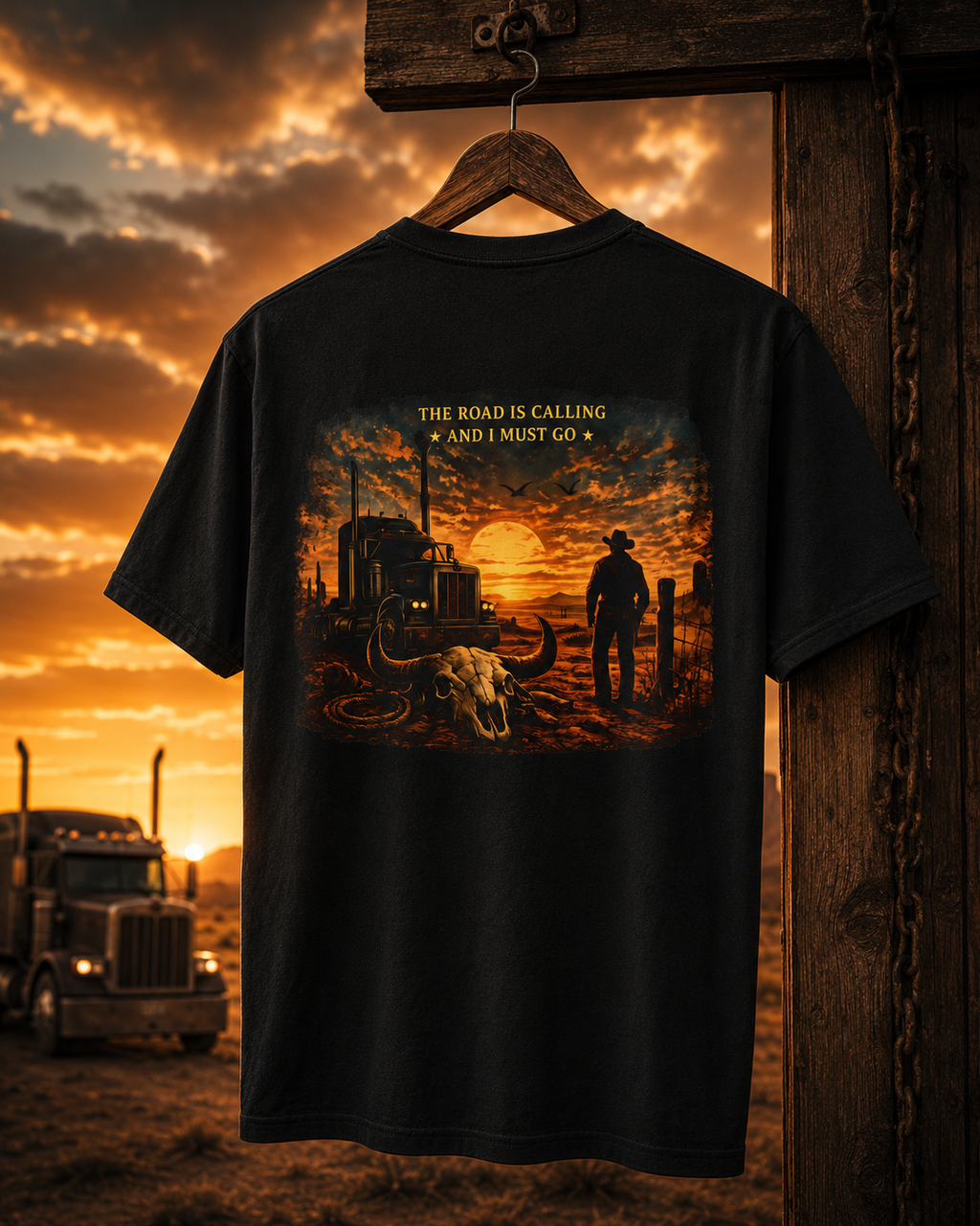 T-shirt « The Road Is Calling » | Haut de camionneur western avec crâne de longhorn