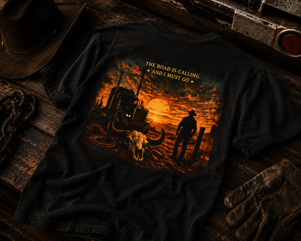 The Road Is Calling Tee | Western Trucker Shirt with Longhorn Skull