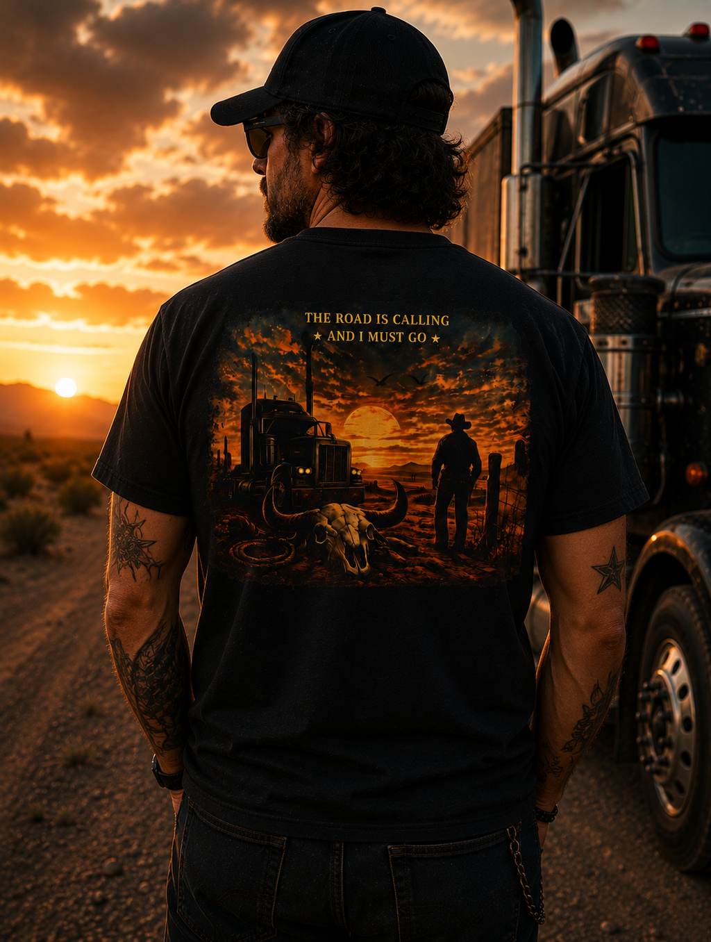 T-shirt « The Road Is Calling » | Haut de camionneur western avec crâne de longhorn