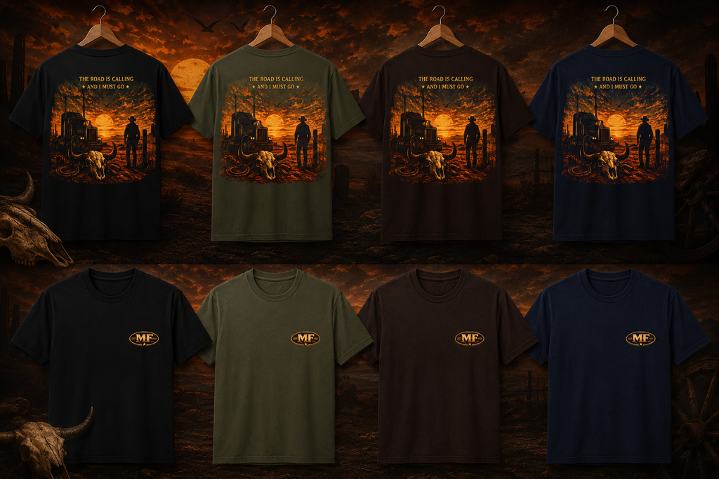 T-shirt « The Road Is Calling » | Haut de camionneur western avec crâne de longhorn
