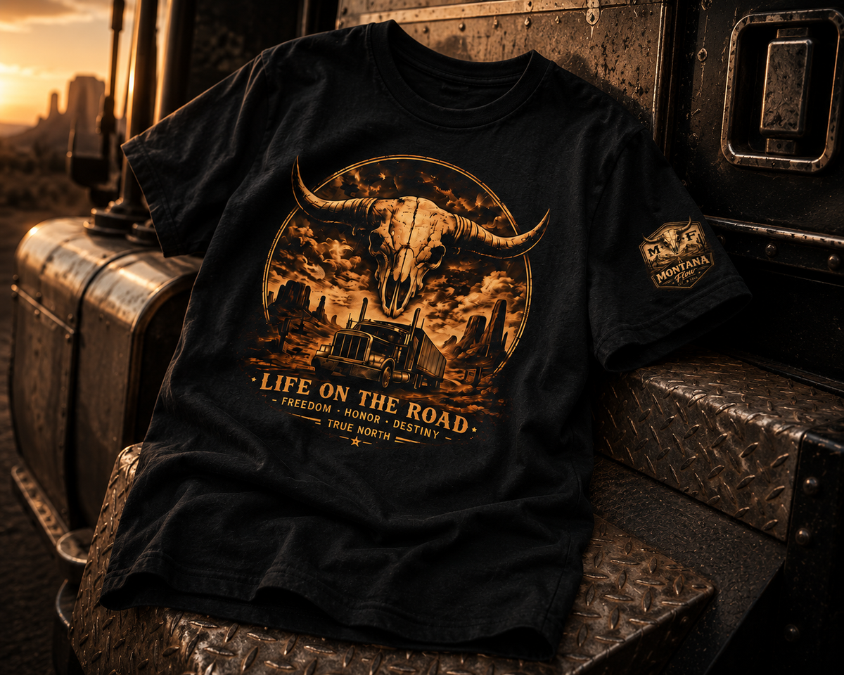 Life On The Road Truck Driver Shirt | Western Longhorn Skull Tee