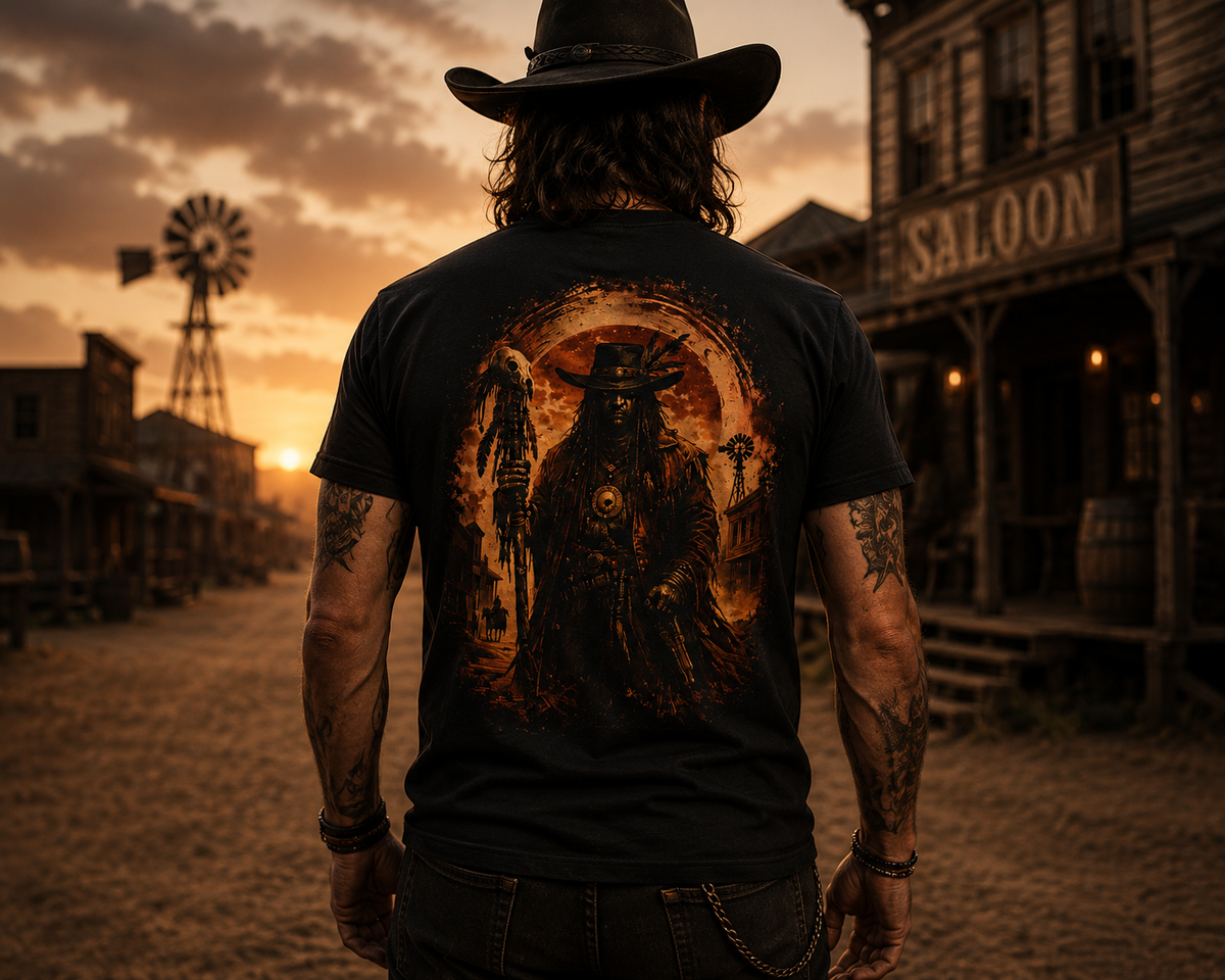 Dark Western Cowboy Shirt, Outlaw Graphic Tee, Gothic Cowboy T Shirt, Tribal Skull Western Tee, Vintage Cowboy Gift for Men