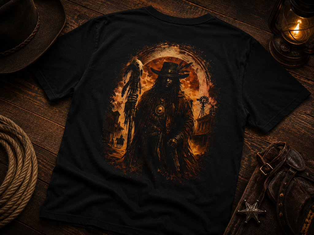 Chemise de cowboy western sombre, t-shirt graphique hors-la-loi, t-shirt cowboy gothique, t-shirt western tête de mort tribale, cadeau cowboy vintage pour homme