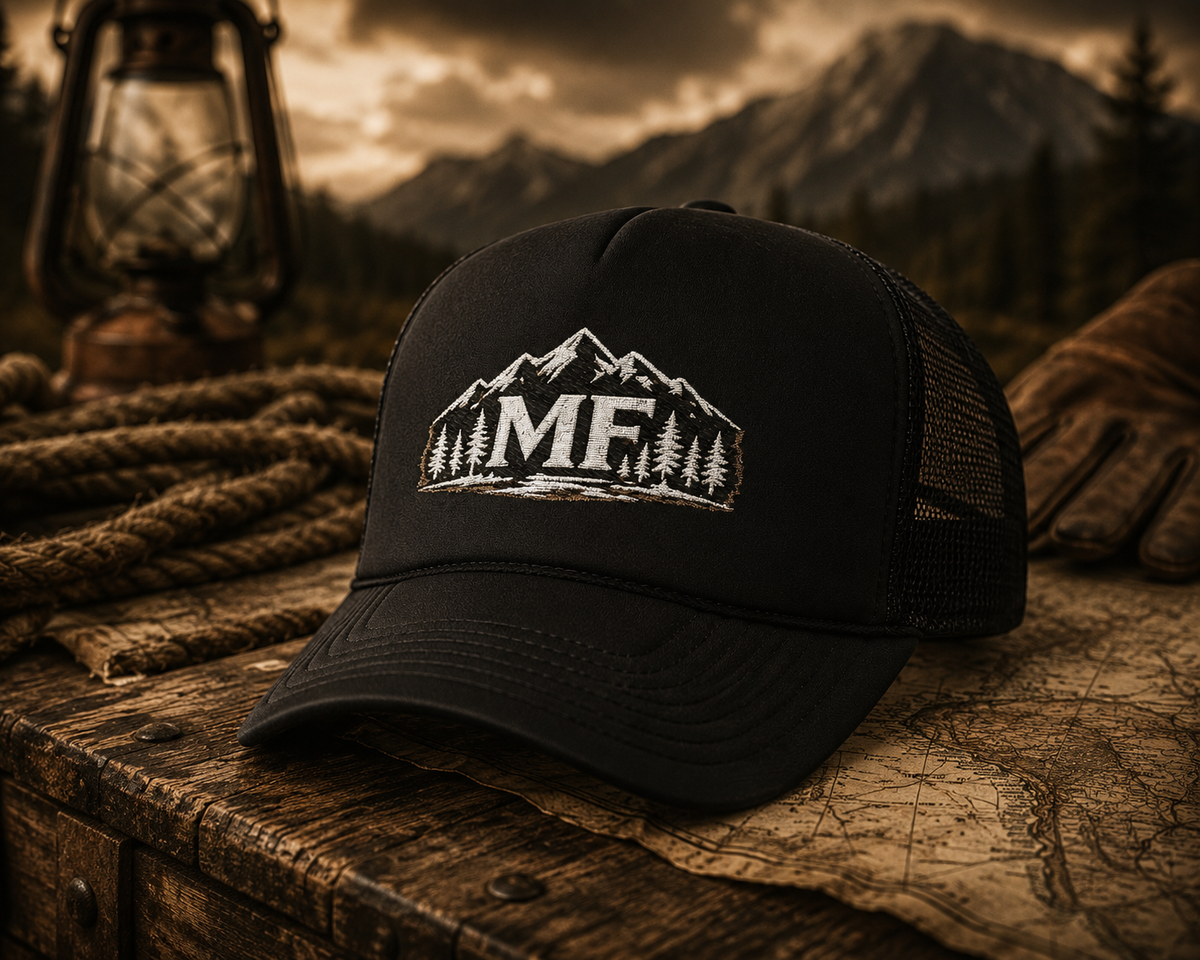 Mountain Trucker Hat, Forest Snapback Cap, Hiking Outdoor Hat, Pine Tree Mesh Cap, Nature Lover Gift