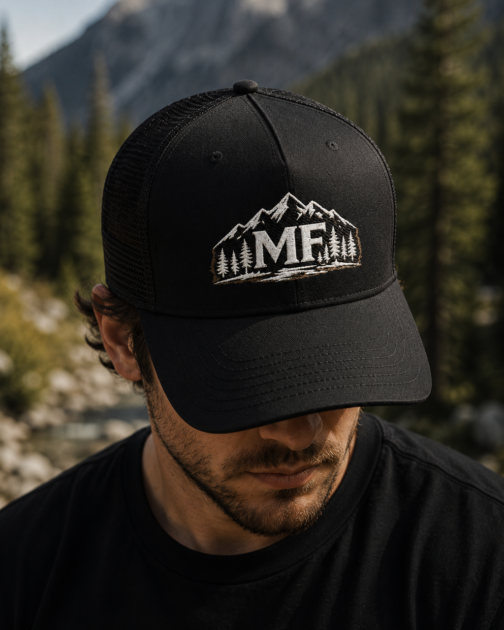 Mountain Trucker Hat, Forest Snapback Cap, Hiking Outdoor Hat, Pine Tree Mesh Cap, Nature Lover Gift
