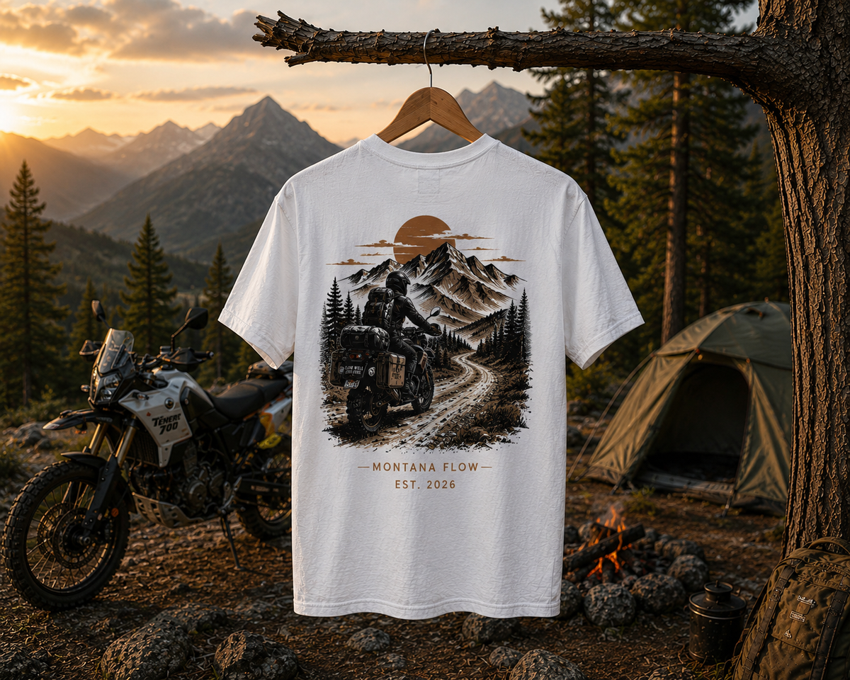 T-shirt Aventure en Montagne | T-shirt Live Wild Stay Free | T-shirt graphique camping et moto, t-shirt pour road trip.