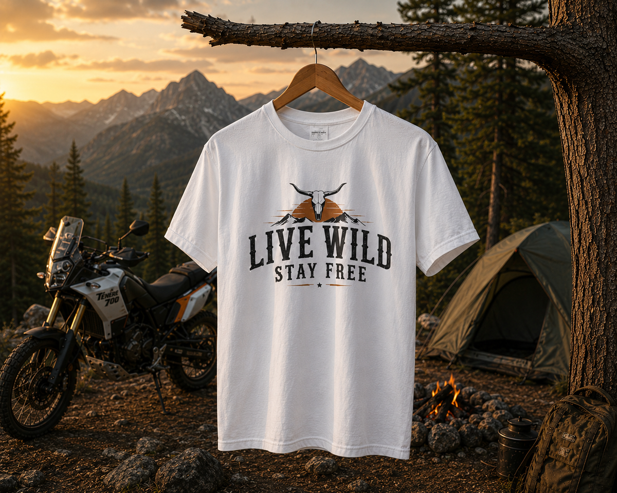 T-shirt Aventure en Montagne | T-shirt Live Wild Stay Free | T-shirt graphique camping et moto, t-shirt pour road trip.