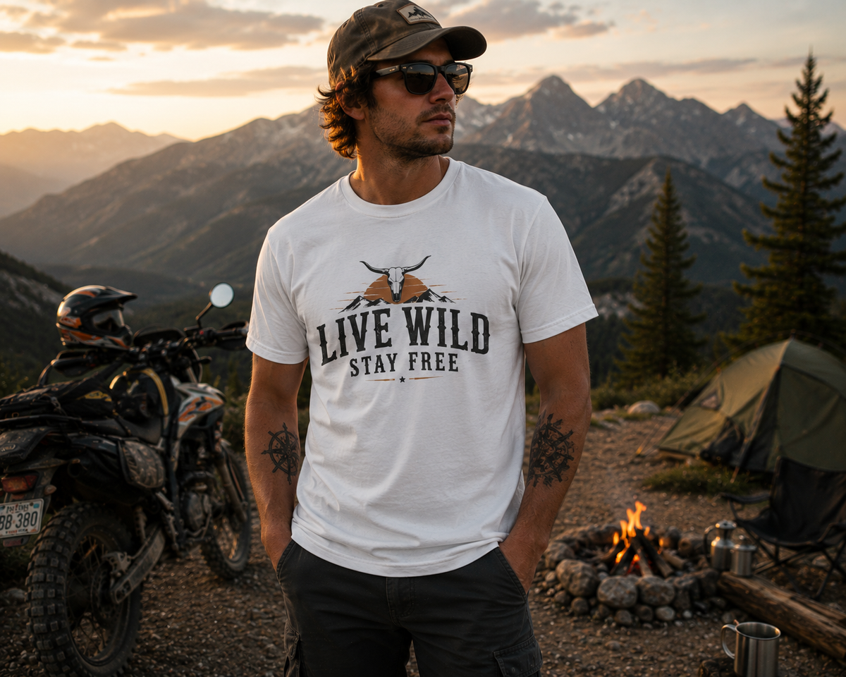 T-shirt Aventure en Montagne | T-shirt Live Wild Stay Free | T-shirt graphique camping et moto, t-shirt pour road trip.