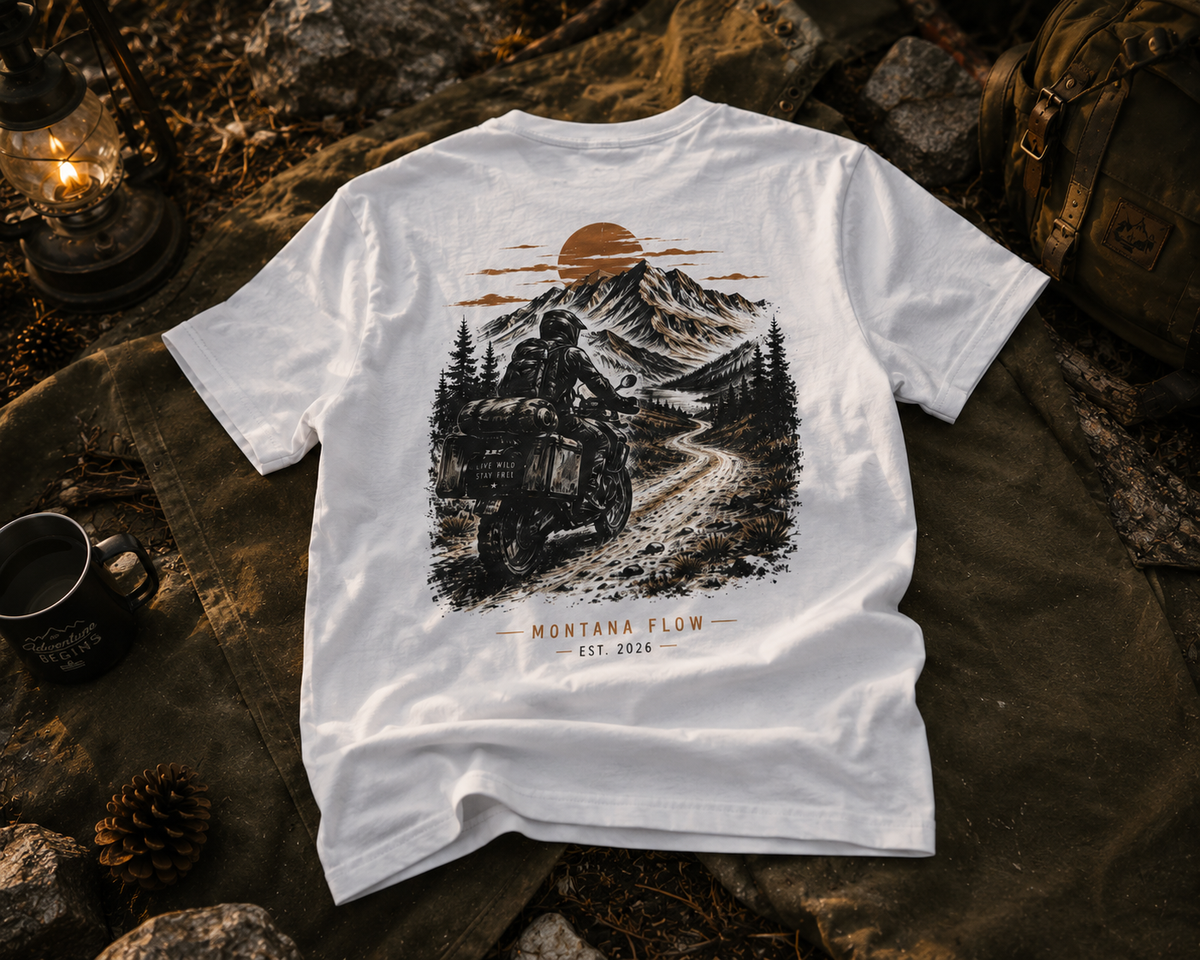 T-shirt Aventure en Montagne | T-shirt Live Wild Stay Free | T-shirt graphique camping et moto, t-shirt pour road trip.