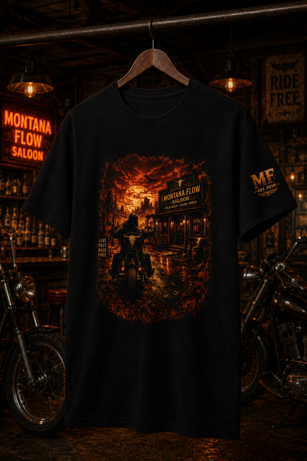 T-shirt Western Biker Saloon | T-shirt vintage à motif moto | T-shirt de bar Cowboy « Ride Free »