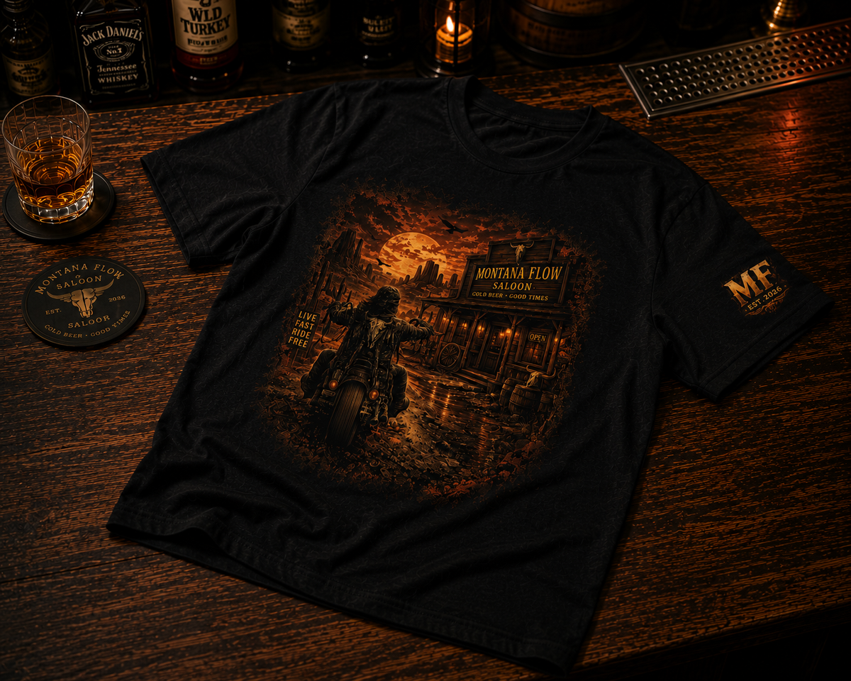 T-shirt Western Biker Saloon | T-shirt vintage à motif moto | T-shirt de bar Cowboy « Ride Free »