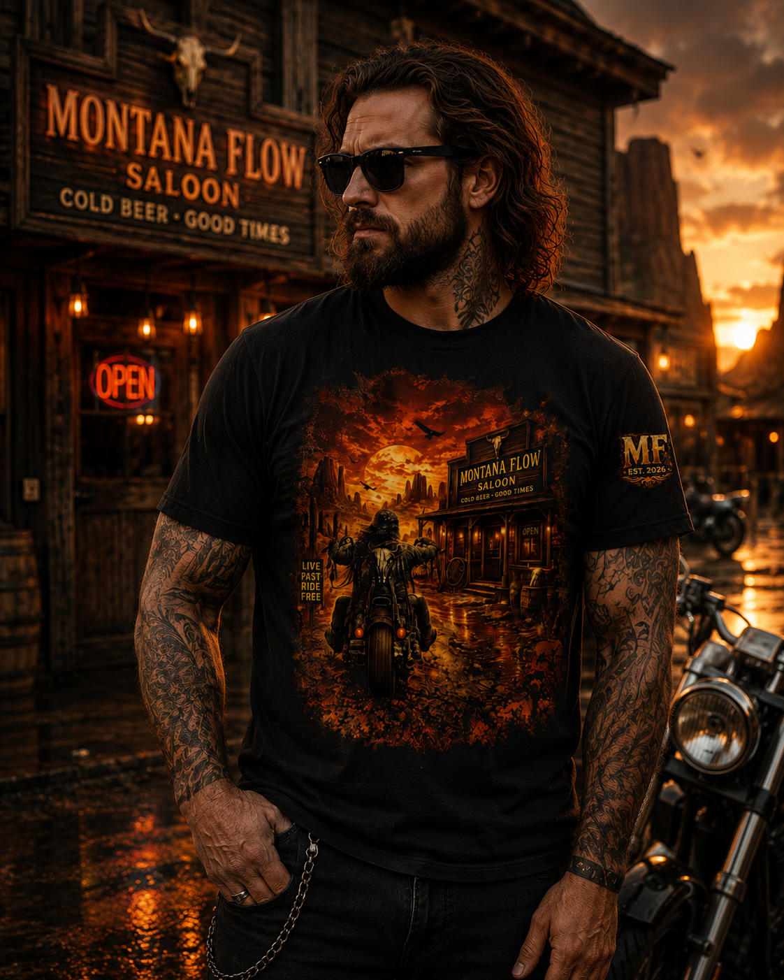T-shirt Western Biker Saloon | T-shirt vintage à motif moto | T-shirt de bar Cowboy « Ride Free »