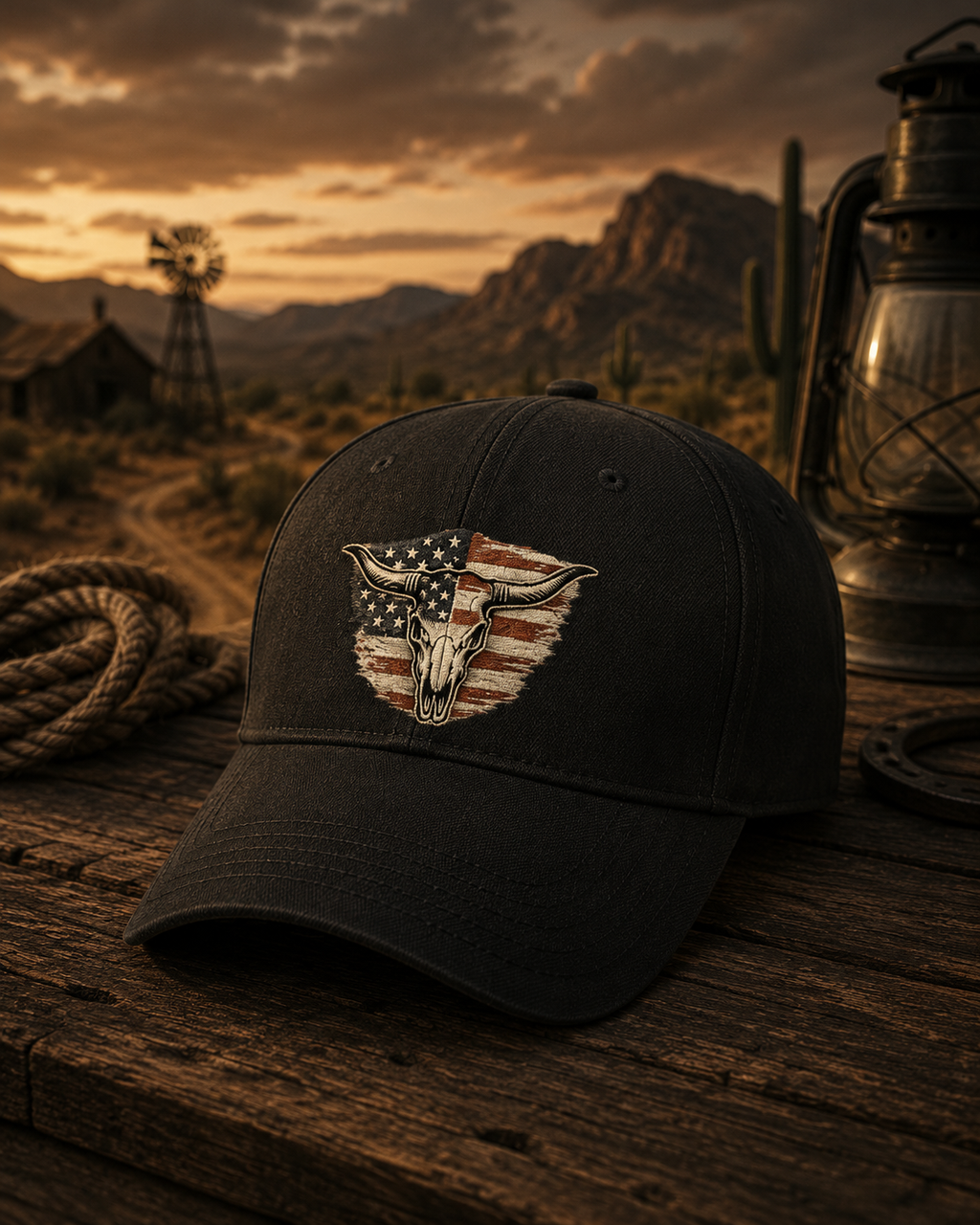 American Flag Bull Skull Hat | Western Cowboy Dad Cap | Patriotic USA Hat