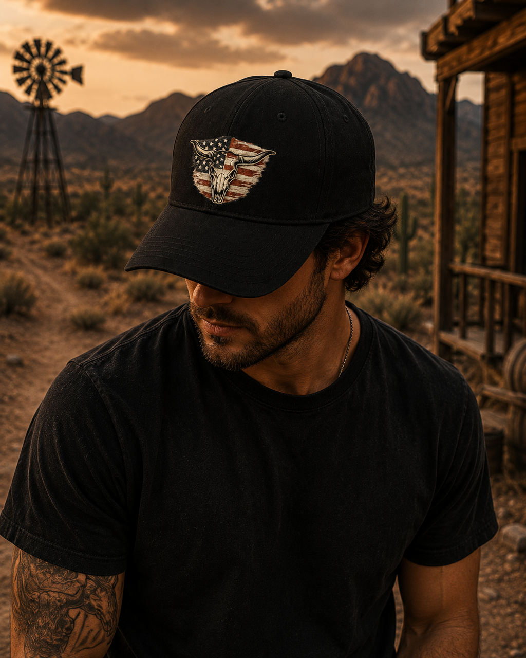 American Flag Bull Skull Hat | Western Cowboy Dad Cap | Patriotic USA Hat