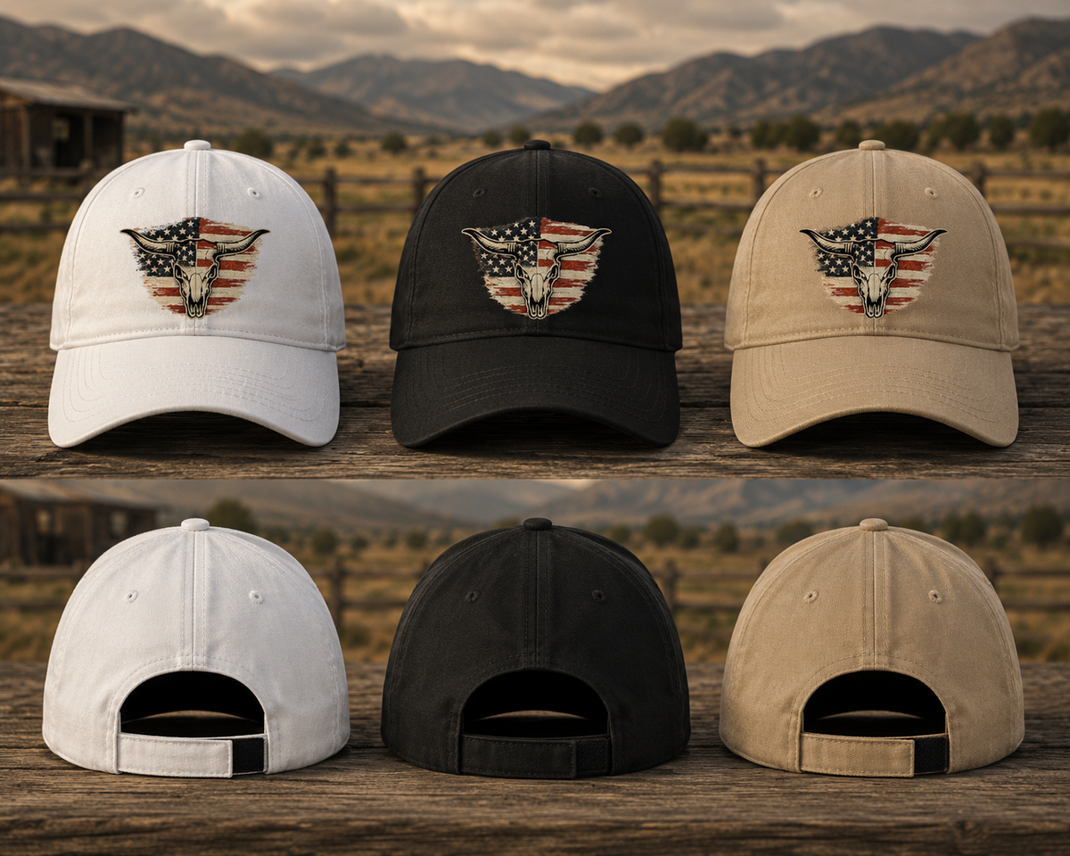 American Flag Bull Skull Hat | Western Cowboy Dad Cap | Patriotic USA Hat