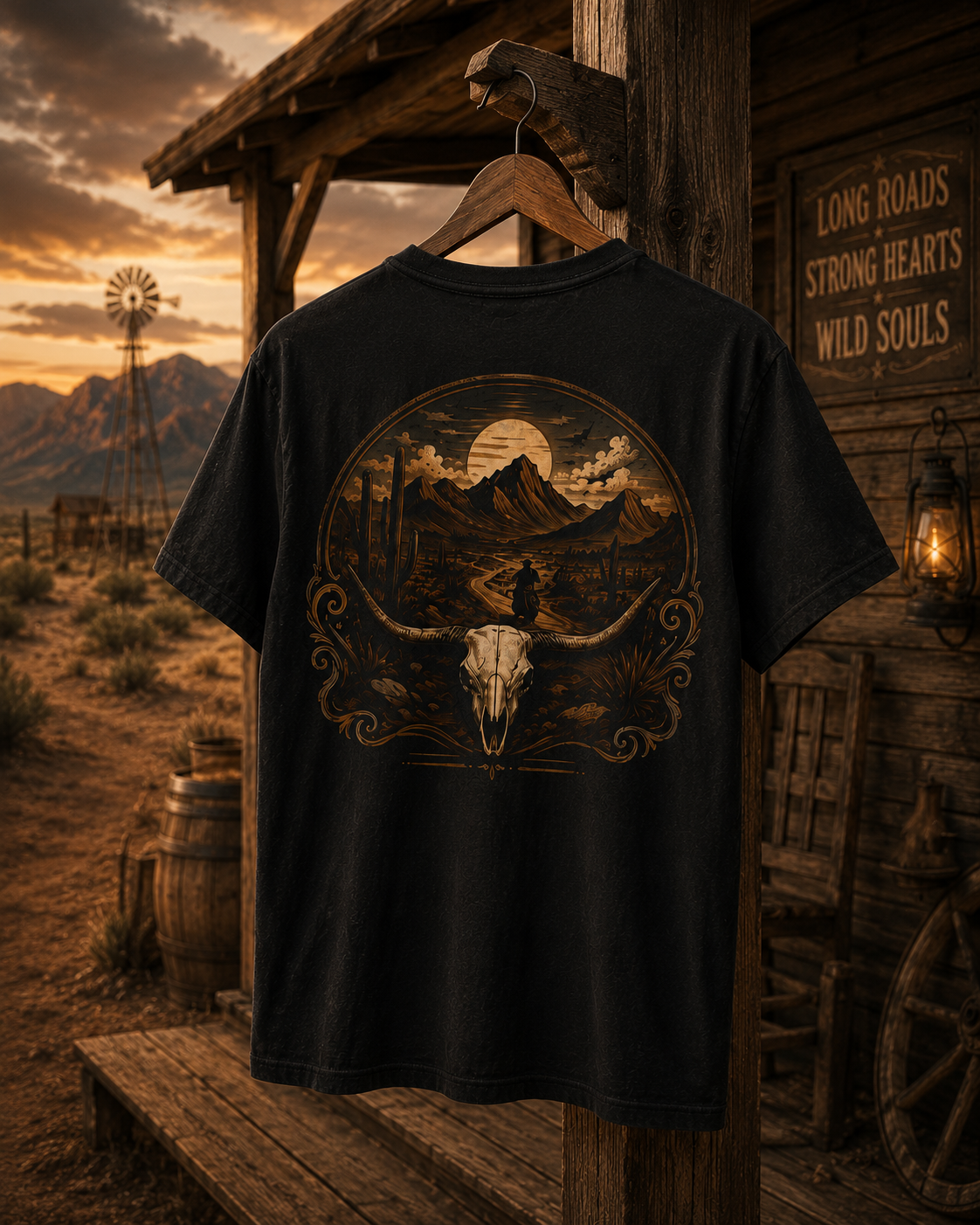 T-shirt tête de taureau western | T-shirt graphique cow-boy du désert | T-shirt vintage style sud-ouest