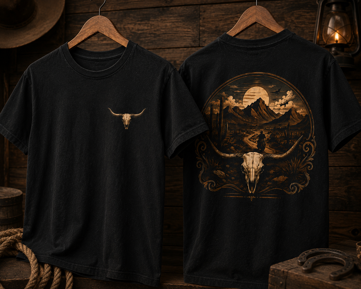 T-shirt tête de taureau western | T-shirt graphique cow-boy du désert | T-shirt vintage style sud-ouest
