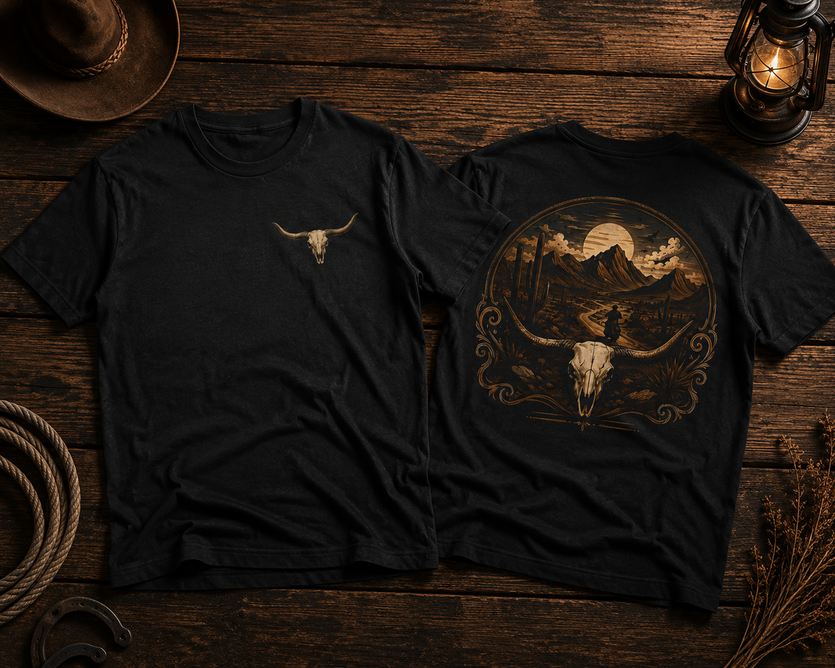T-shirt tête de taureau western | T-shirt graphique cow-boy du désert | T-shirt vintage style sud-ouest